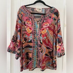 Savanna Jane Multicolor Bohemian Top Tunics Blouse Bell Sleeves 1X Embroidered